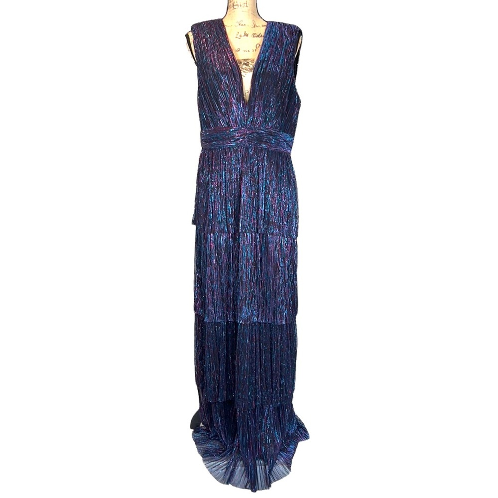 Wayf Cobalt Metallic Pleated Tiered Gown Women's XL NWT